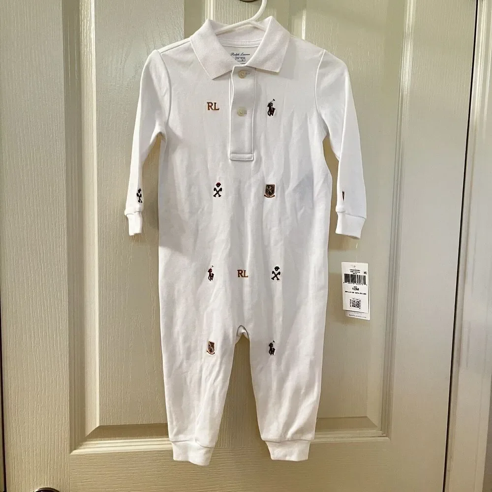 Ralph Lauren White Embroidered Schiffli Coverall Romper Boys Size 12 Months NWT